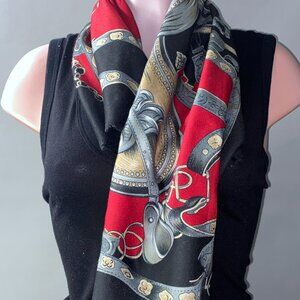 Vintage Designer Silk Scarf with Black, Red and Silver Equestrian Theme